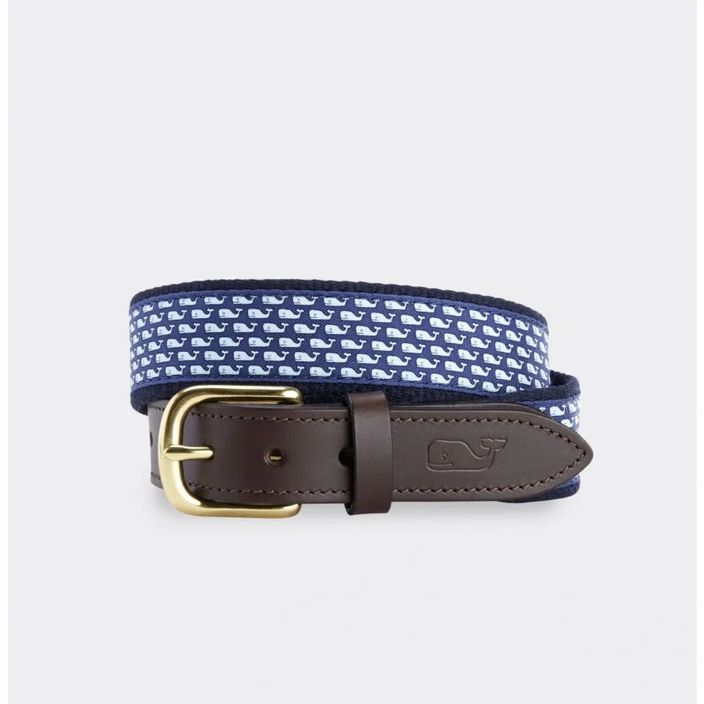 Vineyard Vines Boys Navy Whale Print Belt with Brown Leather & Gold Buckle NWOT